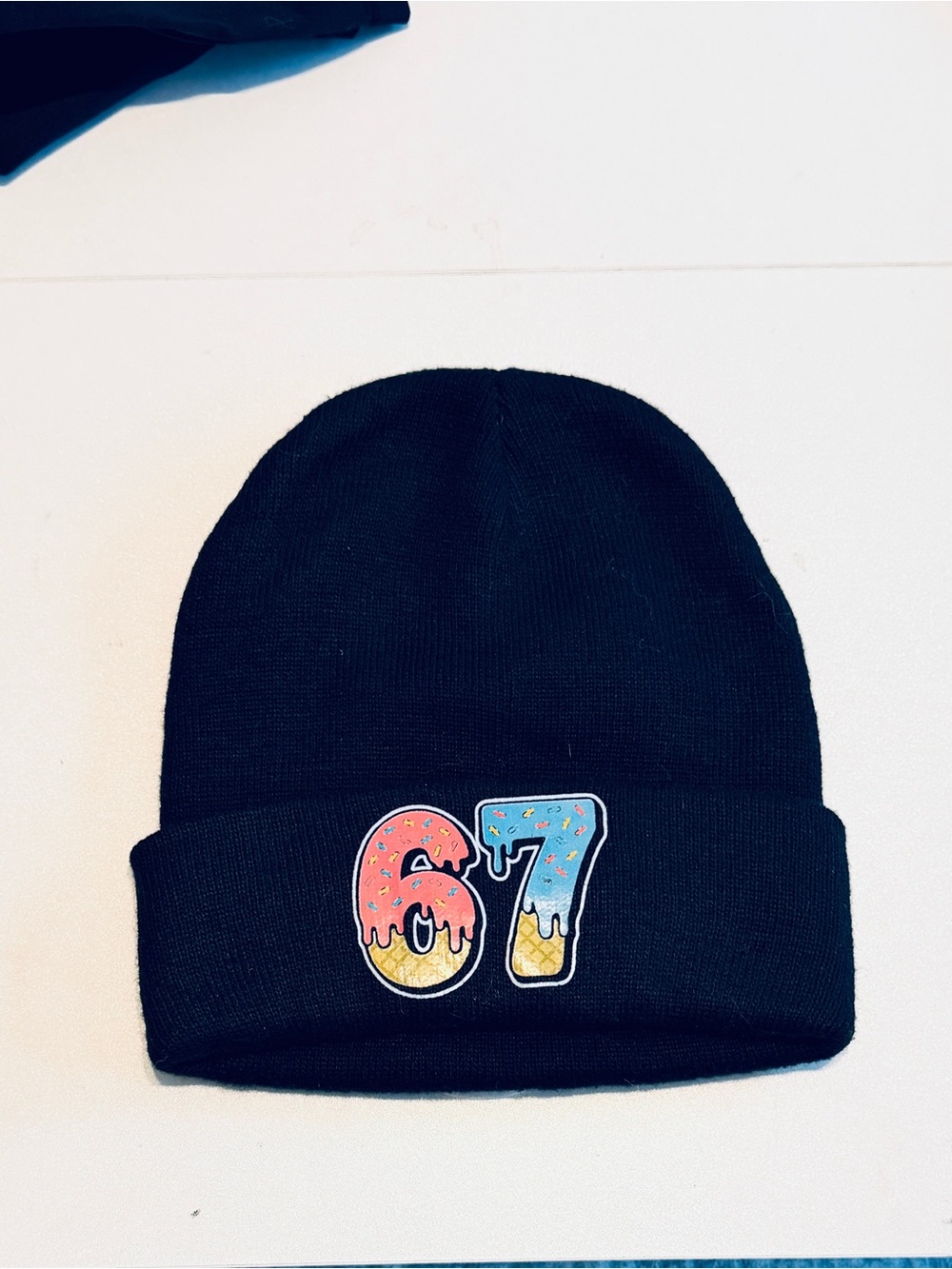 Black Kids Knit Beanie Hat with Colorful '67' Patch
